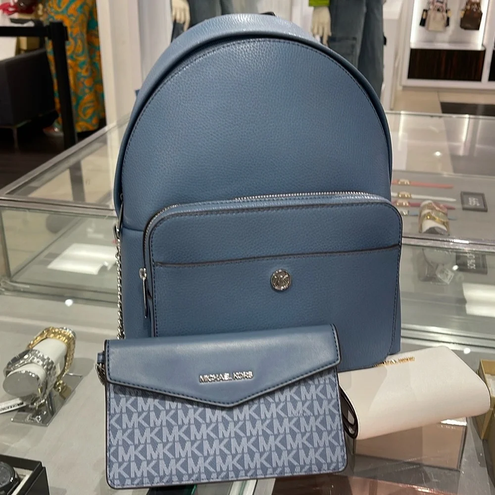 MICHAEL KORS Maisie Medium Pebbled Leather 2-in-1 Backpack Denim NWT